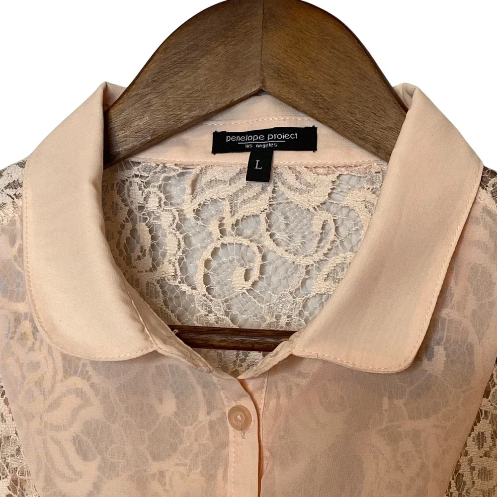 Sheer Floral Lace Top Womens Size L Peach Coquette Cottage Festival Shabby Chic - Picture 4 of 9